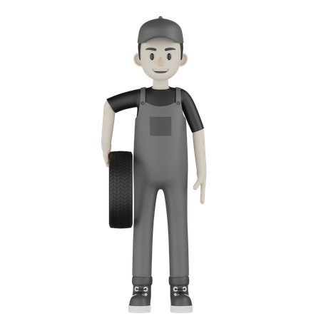 Mechanic Holding Wheel  3D Illustration