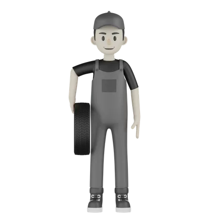 Mechanic Holding Wheel  3D Illustration