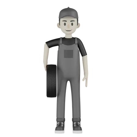 Mechanic Holding Wheel 3D Illustration