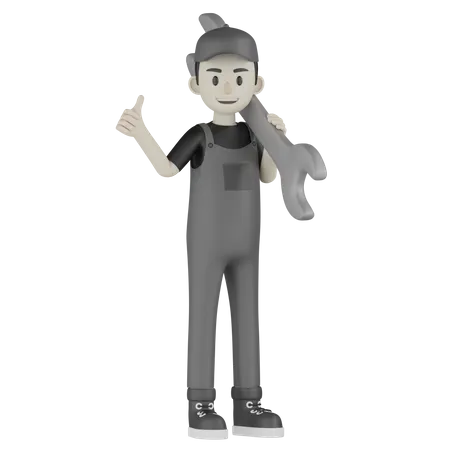 Mechanic Holding Wrench  3D Illustration