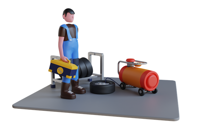 Mechanic inflating tire at car service  3D Icon