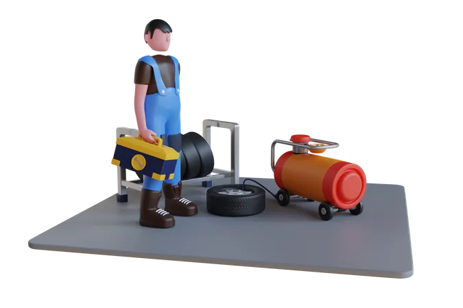 Mechanic inflating tire at car service  3D Illustration