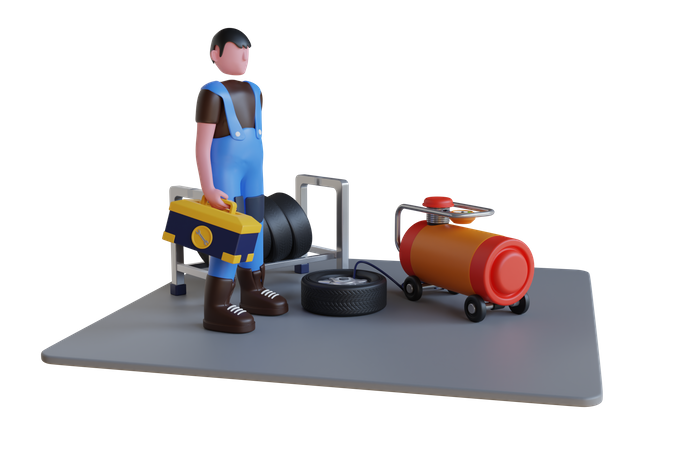 Mechanic inflating tire at car service  3D Illustration