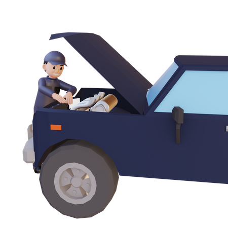 Mechanic Open Bonnet Of Car While Repairing Engine  3D Illustration