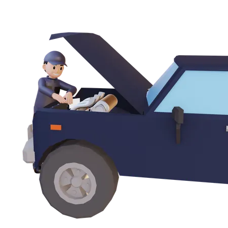 Mechanic Open Bonnet Of Car While Repairing Engine  3D Illustration