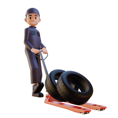 타이어 카트를 끌고 있는 정비사  3D Icon