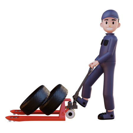 Mechanic Pulling Tire Trolly  3D Icon