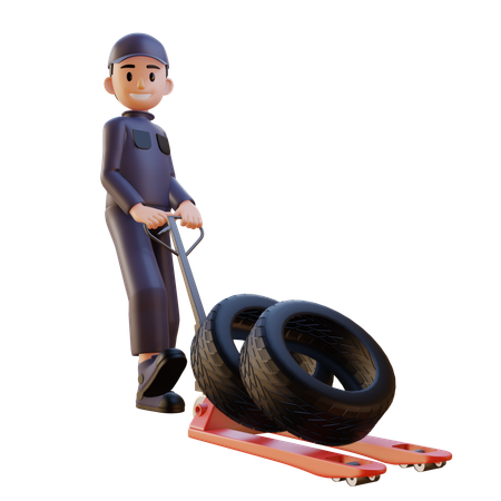 Mechanic Pulling Tire Trolly  3D Illustration