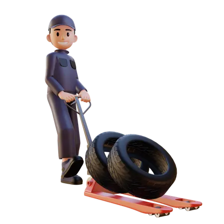 Mechanic Pulling Tire Trolly  3D Illustration