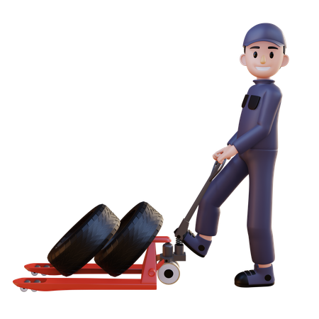 Mechanic Pulling Tire Trolly  3D Illustration