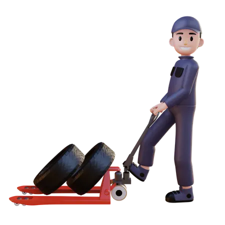 Mechanic Pulling Tire Trolly  3D Illustration