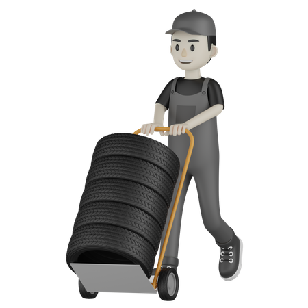 Mechanic Pushing Wheel Cart 3D Illustration