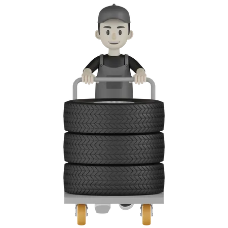 Mechanic Pushing Wheel Trolly  3D Illustration