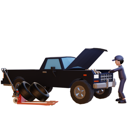 Mechanic Repairing Car  3D Illustration