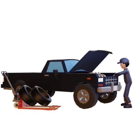 Mechanic Repairing Car  3D Illustration