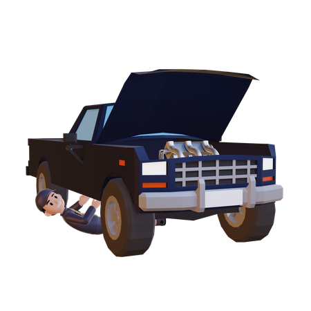 Mechanic Repairing Car While Lying Under Car  3D Illustration