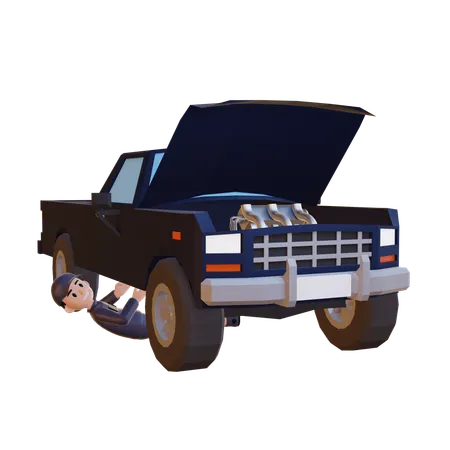 Mechanic Repairing Car While Lying Under Car  3D Illustration