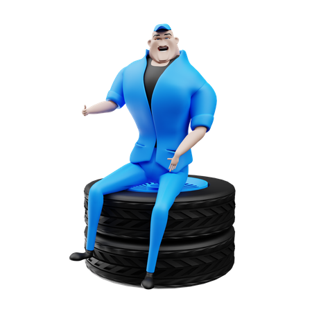 Mechanic sitting on the tier  3D Illustration