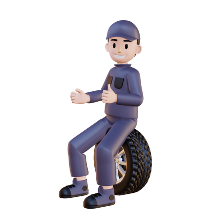 Mechanic Sitting On Tire While Showing Double Thumbs Up  3D Icon