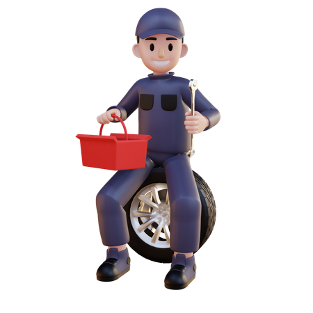 타이어 위에 앉아 도구 키트를 들고 있는 정비사  3D Illustration