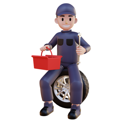 Mechanic Sitting On Tire With Toolkit  3D Illustration