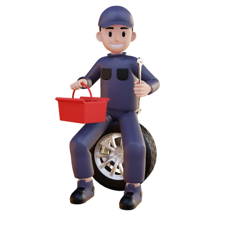 Mechanic Sitting On Tire With Toolkit  3D Illustration