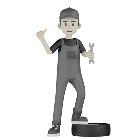 Mechanic Standing On Car Wheel  3D Illustration