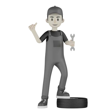 Mechanic Standing On Car Wheel 3D Illustration