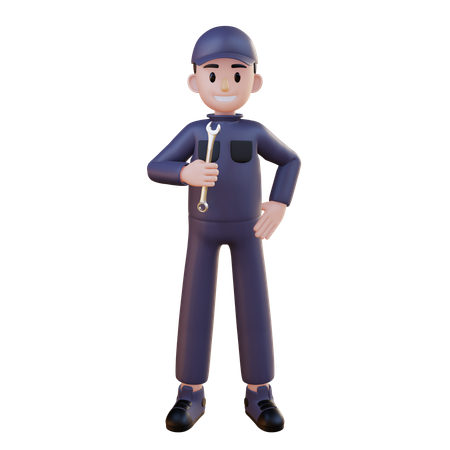 Mechanic Standing While Carrying Wrench  3D Illustration