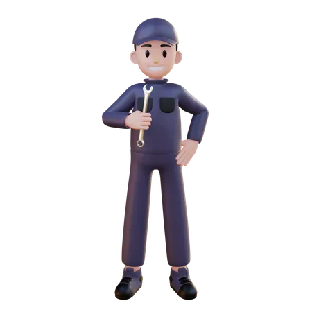 Mechanic Standing While Carrying Wrench  3D Illustration