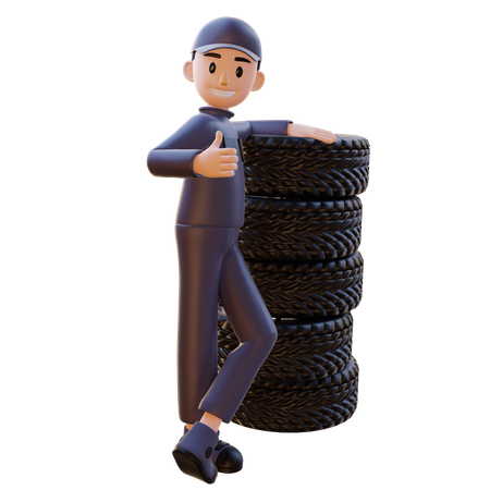 Mechanic Standing With Tire While Showing Thumbs Up  3D Icon