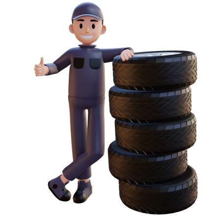 Mechanic Standing With Tire While Showing Thumbs Up  3D Illustration