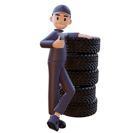 Mechanic Standing With Tire While Showing Thumbs Up  3D Illustration