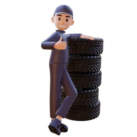 Mechanic Standing With Tire While Showing Thumbs Up  3D Illustration