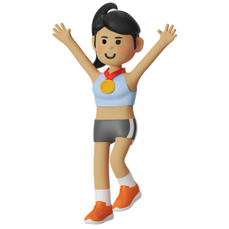 Niña recibiendo medalla corriendo  3D Illustration