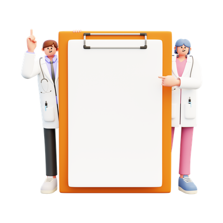 Couple de médecins debout près d'un grand presse-papiers donnant des conseils  3D Illustration