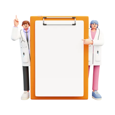 Couple de médecins debout près d'un grand presse-papiers donnant des conseils  3D Illustration