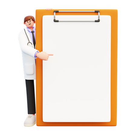 Médecin debout près d'un grand panneau à pinces avec du papier blanc par derrière  3D Illustration