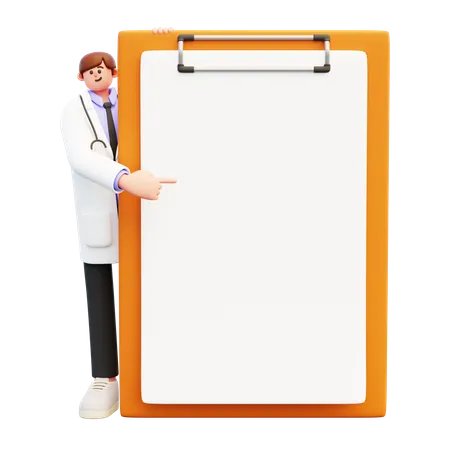 Médecin debout près d'un grand panneau à pinces avec du papier blanc par derrière  3D Illustration