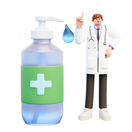 Médecin debout près d'une grande bouteille distributrice de désinfectant  3D Illustration
