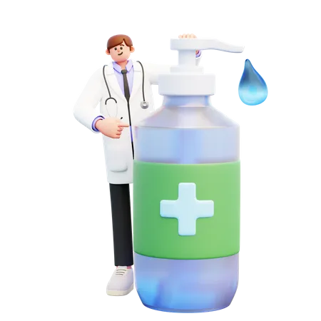 Médecin debout près d'une grande bouteille distributrice avec du savon liquide  3D Illustration