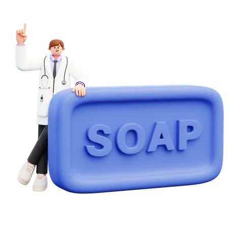 Docteur debout près d'un gros morceau de savon bleu  3D Illustration