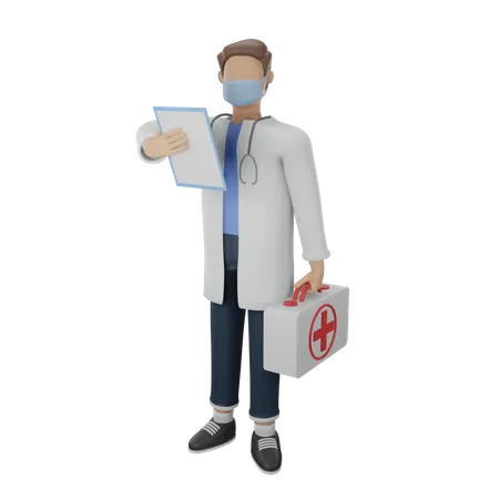 Médecin en uniforme blanc tenant les dossiers des patients et un sac médical  3D Illustration