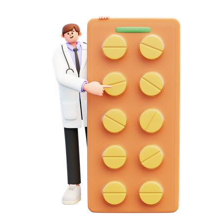 Médecin près d'un gros paquet de pilules  3D Illustration