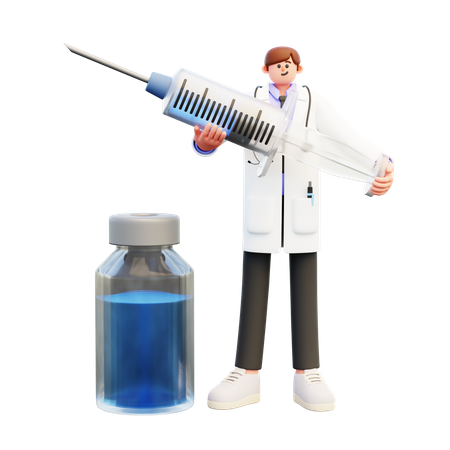 Médecin tenant une seringue et debout près d'une bouteille de vaccin  3D Illustration