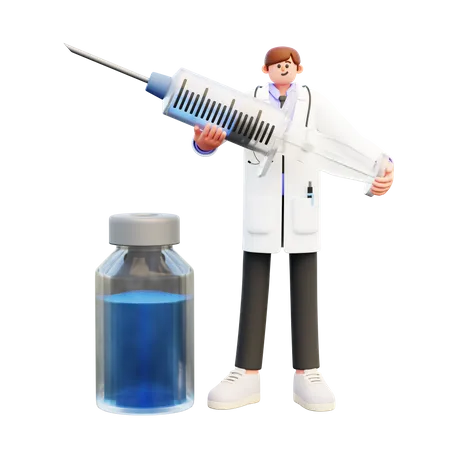 Médecin tenant une seringue et debout près d'une bouteille de vaccin  3D Illustration