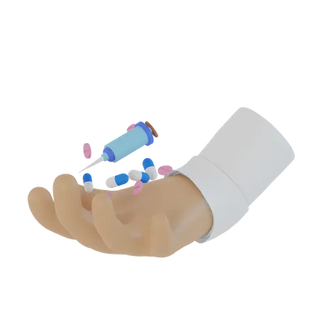 Icone 3 D Rendant Lillustration De La Main Dun Medecin Portant Des Injections Et Des Pilules De Sante 3D Illustration