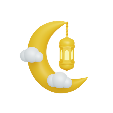 Media luna y linterna con nube.  3D Illustration