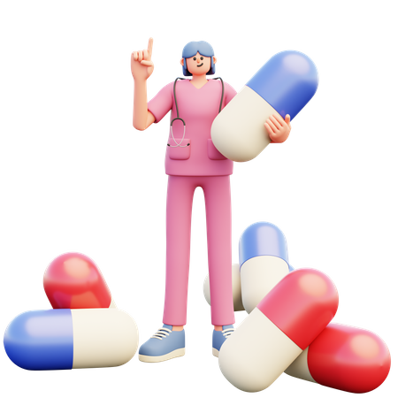 Médica com pílulas grandes  3D Illustration
