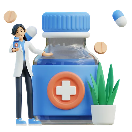 Médica dá frasco de remédio  3D Illustration